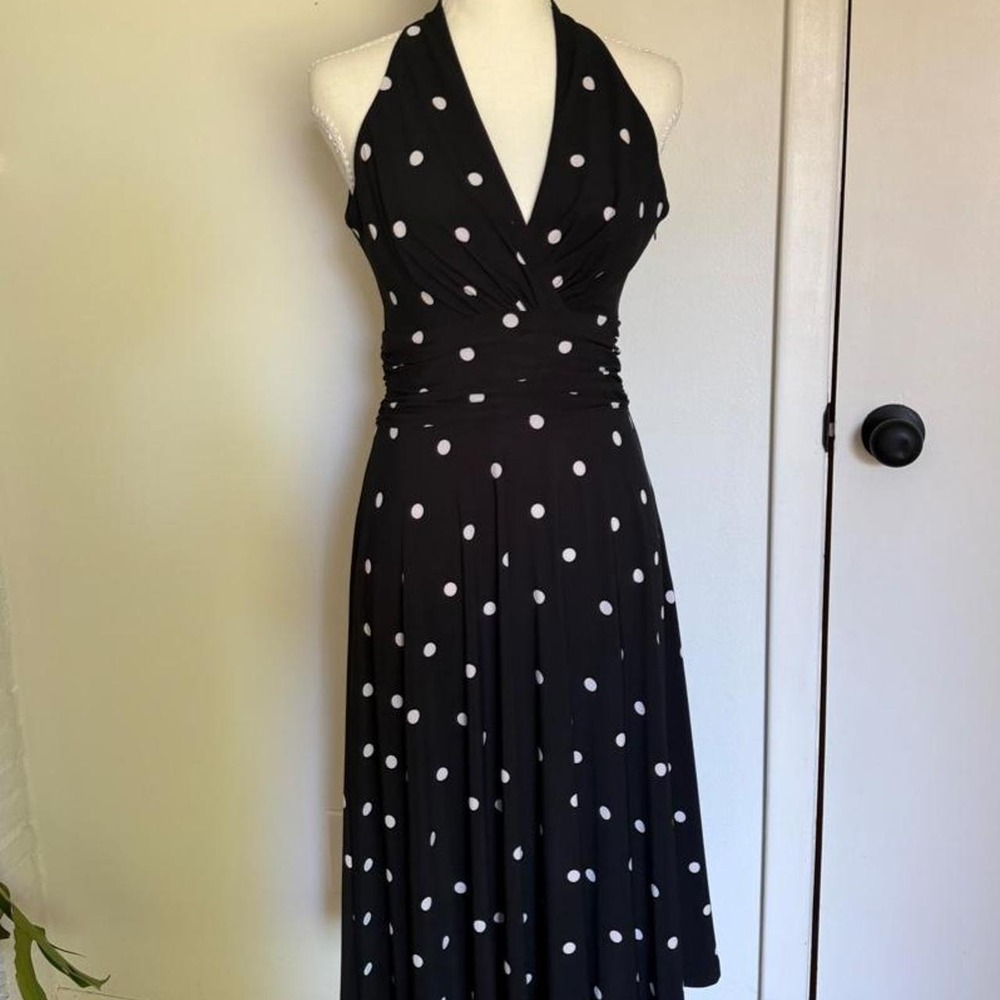 Chaps black with white polka dot retro midi dress